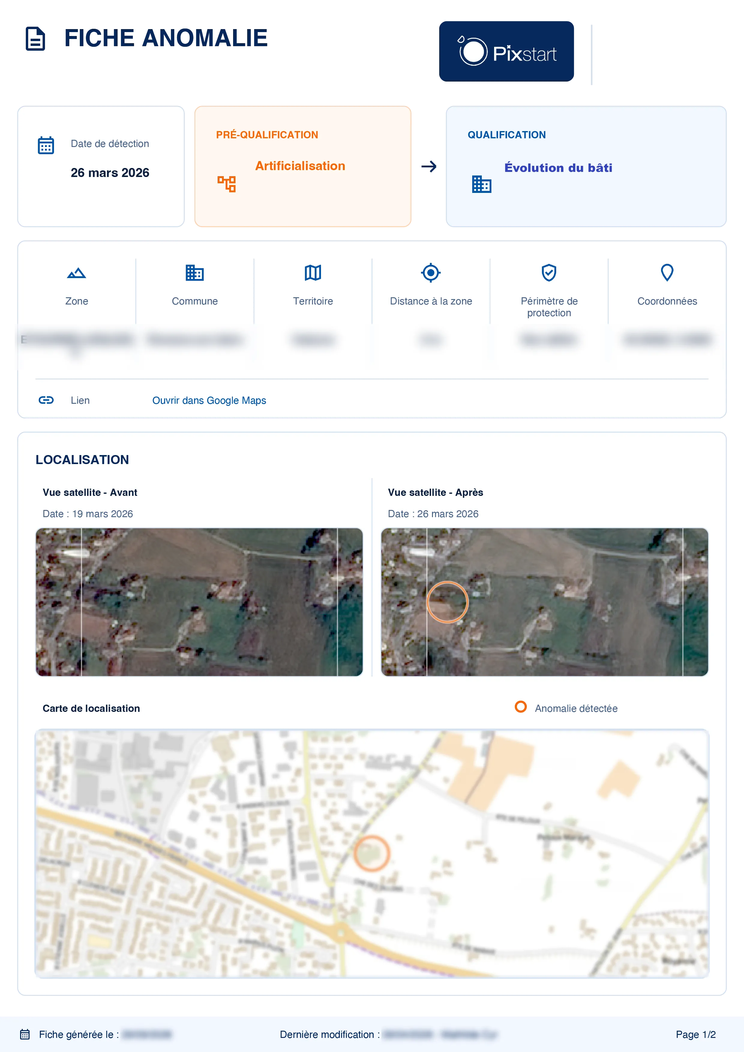 Exemple de fiche anomalie avec qualification, vues satellite et localisation