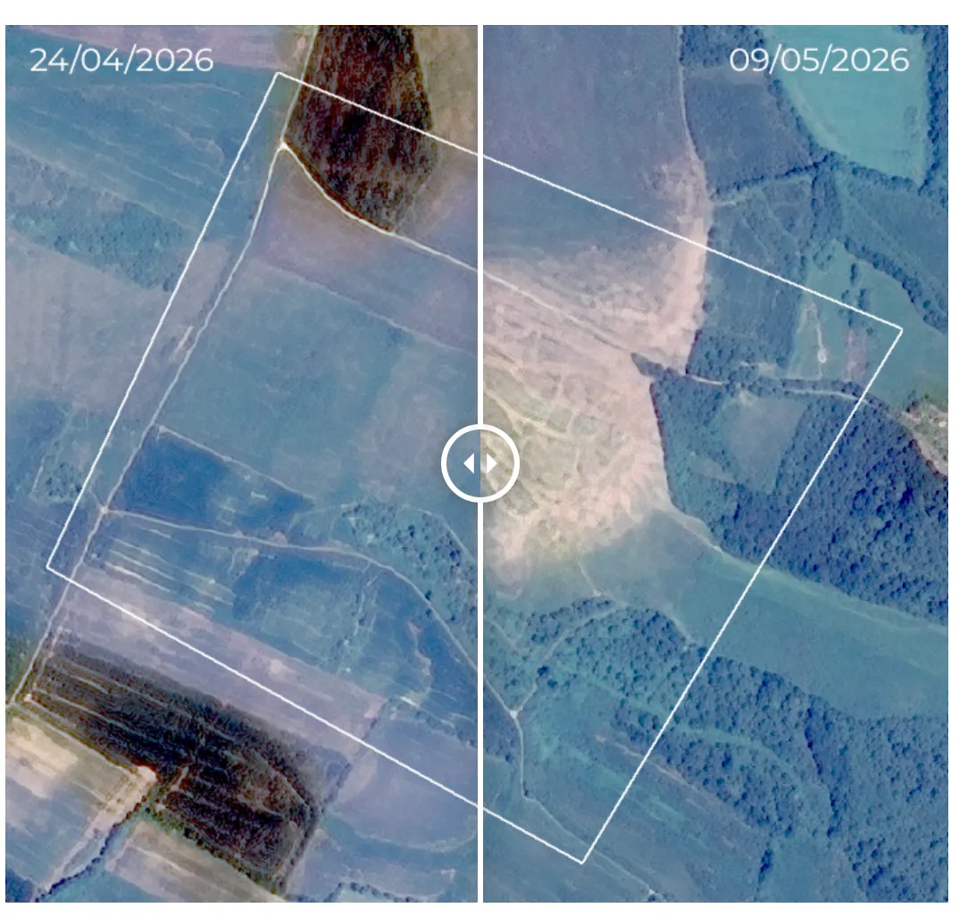 Comparaison satellite du périmètre entre le 24/04/2026 et le 09/05/2026