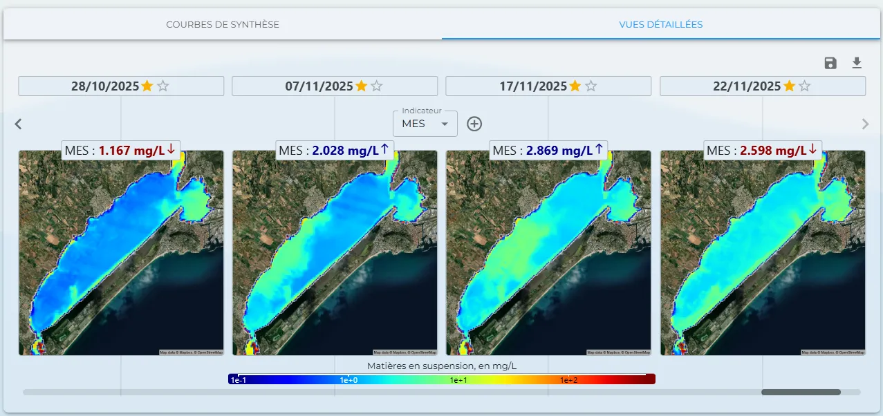 Cartographies Waterwatch de matières en suspension sur plusieurs dates